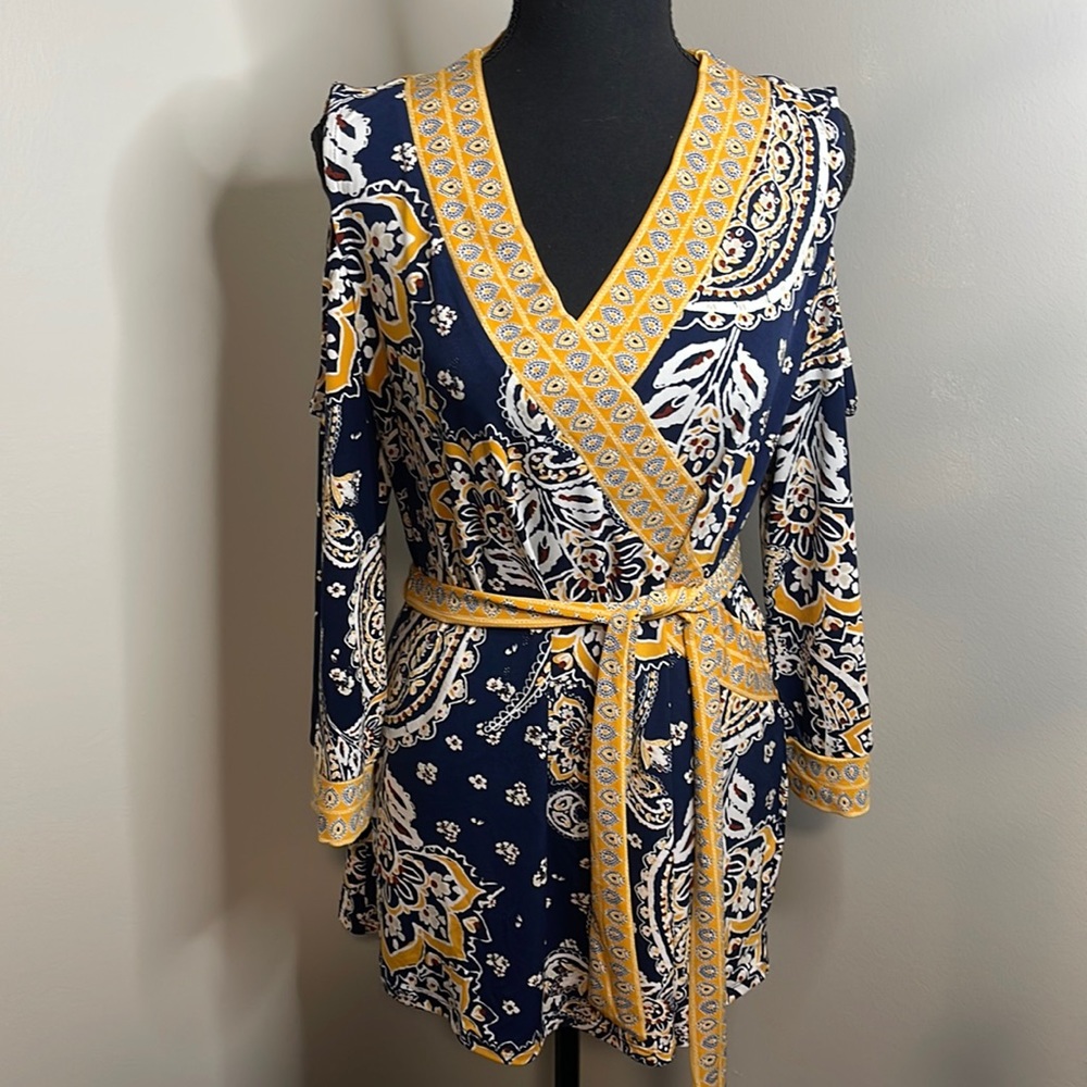 Open shoulder long sleeve top faux wrap look with belt